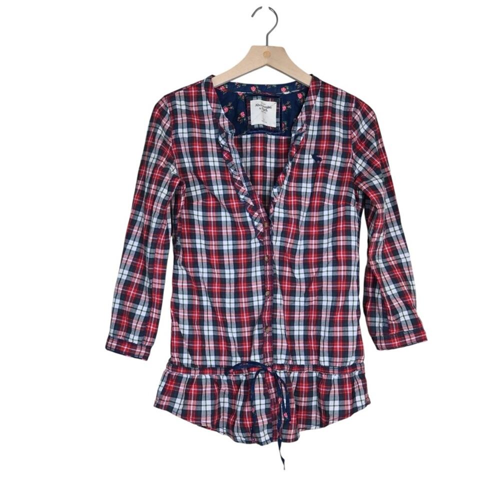 Abercrombie & Fitch Women's S 3/4 Sleeve Red Plaid Ruffle Button Down Blouse